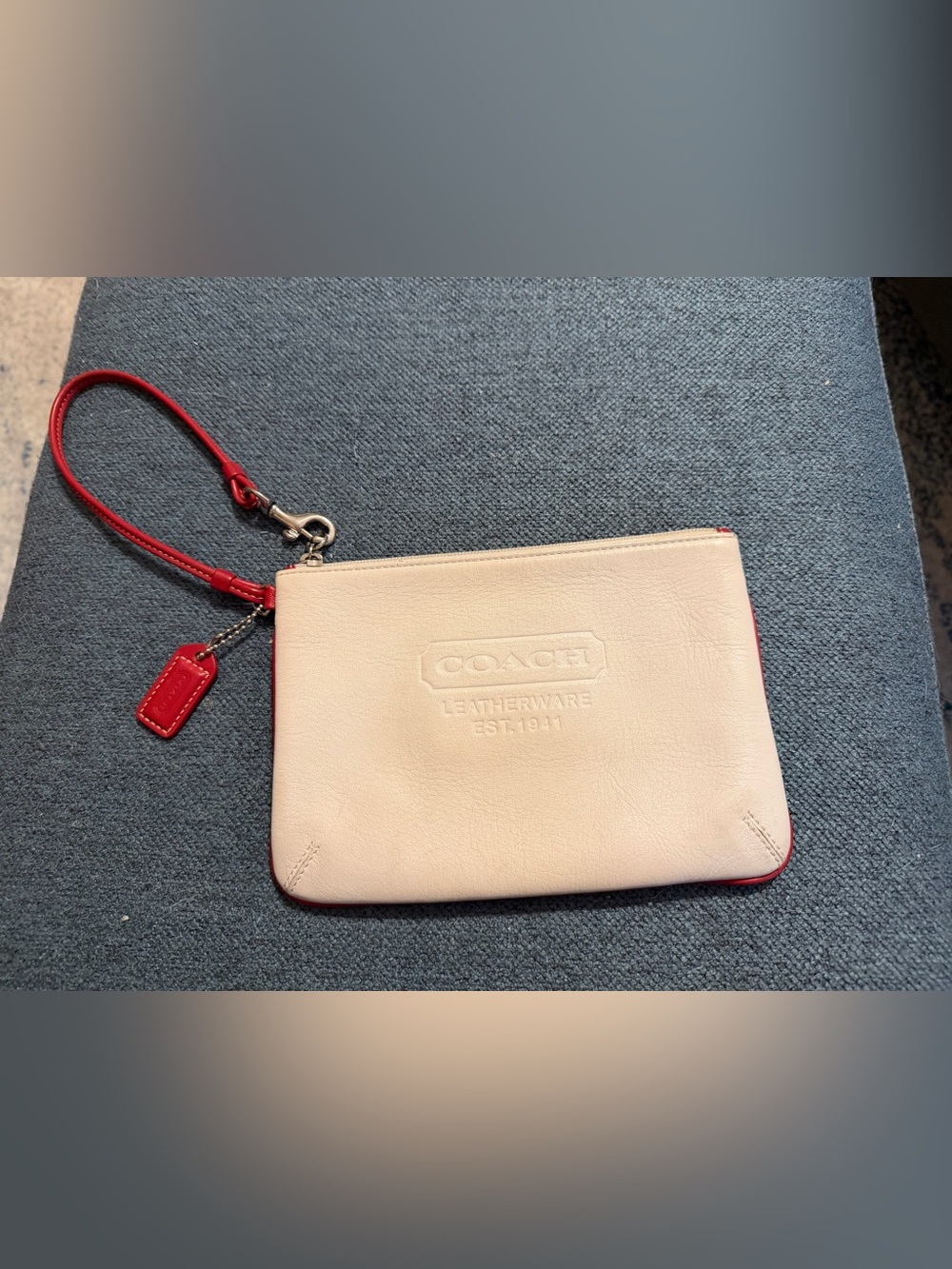 Coach Leather Wristlet in Ivory with Red Trim